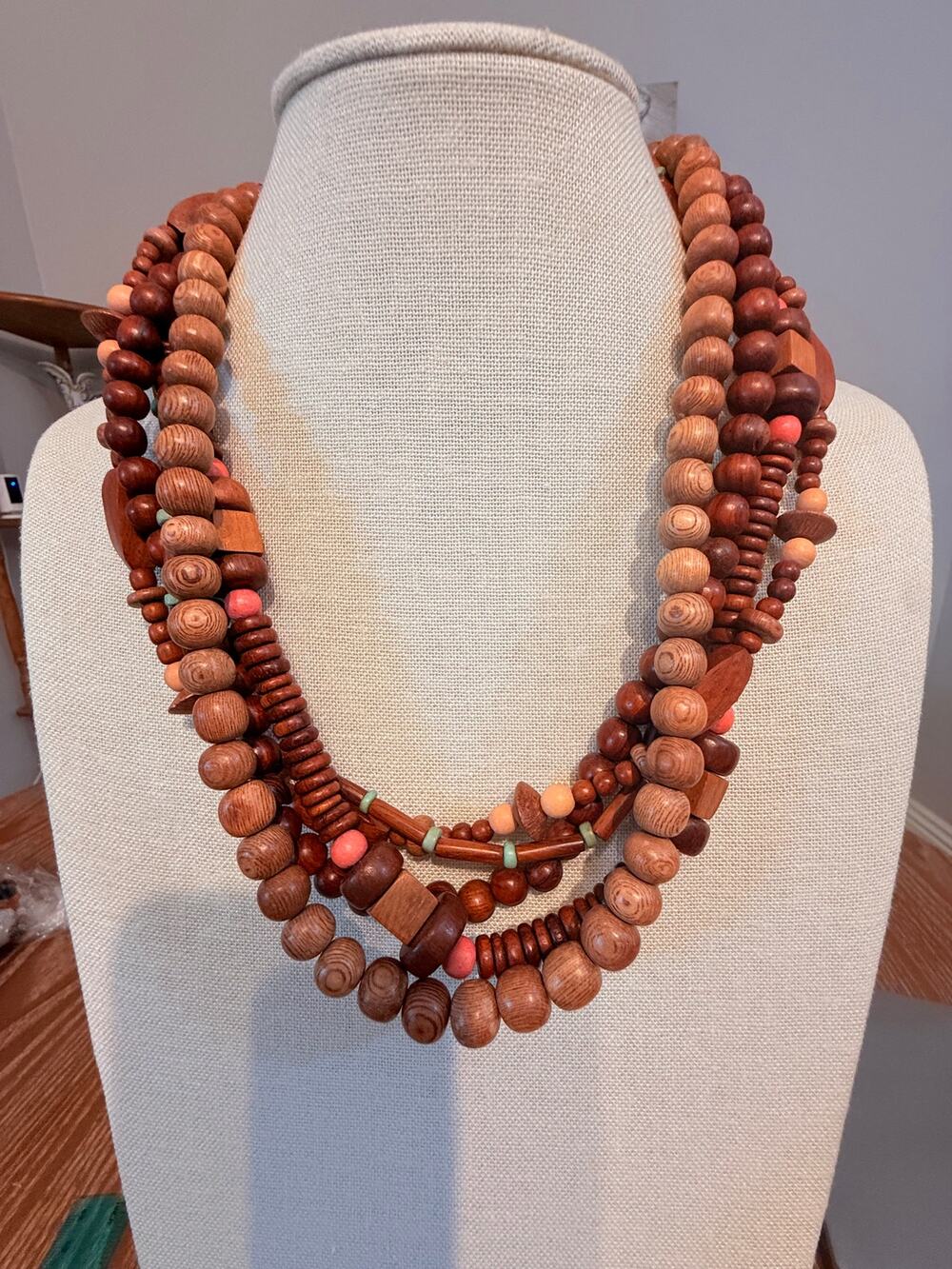 20” Multi Strand Wood Bead Statement Necklace